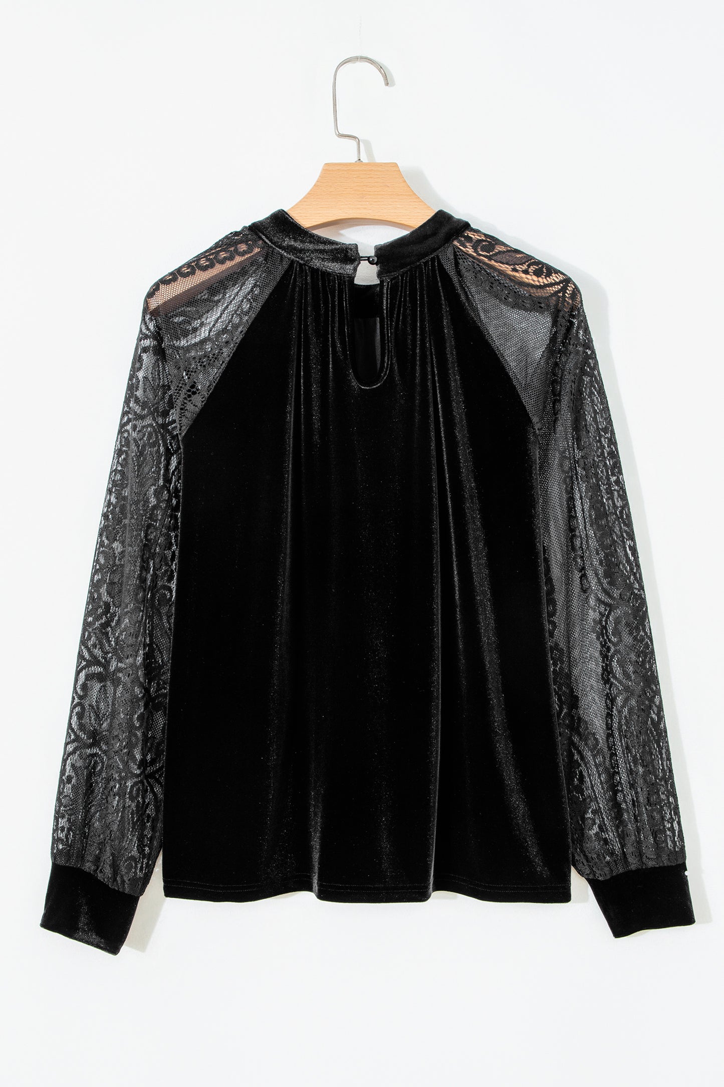 Solid Velvet Patchwork Sheer Lace Long Sleeve Blouse