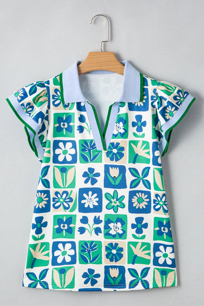 Floral Plaid Trim Collar Flutter Sleeve Blouse