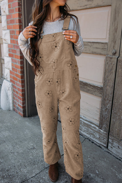 Floral Corduroy Pocketed Overalls