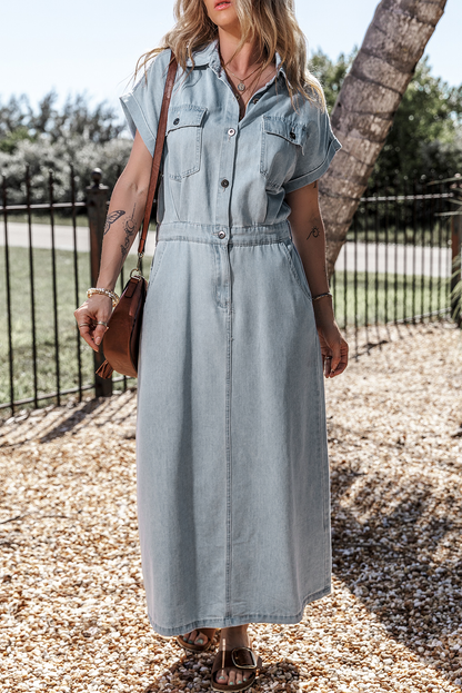 Denim Batwing Sleeve Buttoned Dress