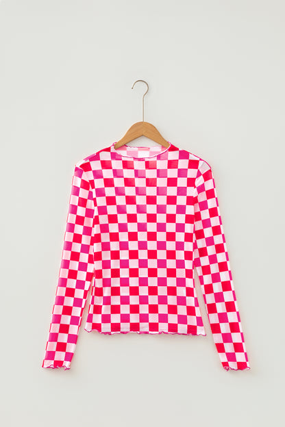 Checker Sheer Mesh Long Sleeve Blouse