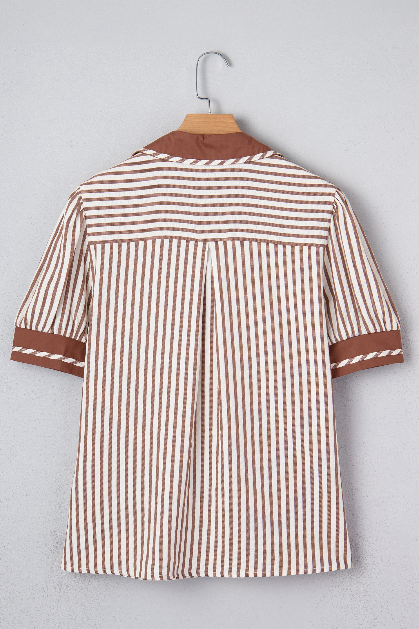 Stripe Collared V-Neck Bubble Sleeve Blouse