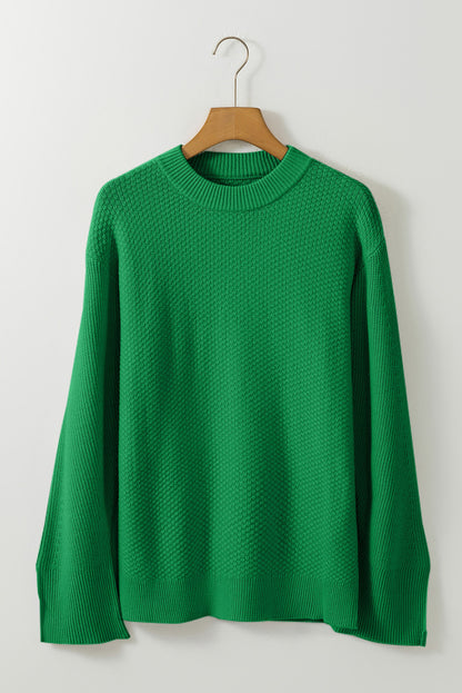 Solid Textured Knit Split Cuff Drop Shoulder Sweater