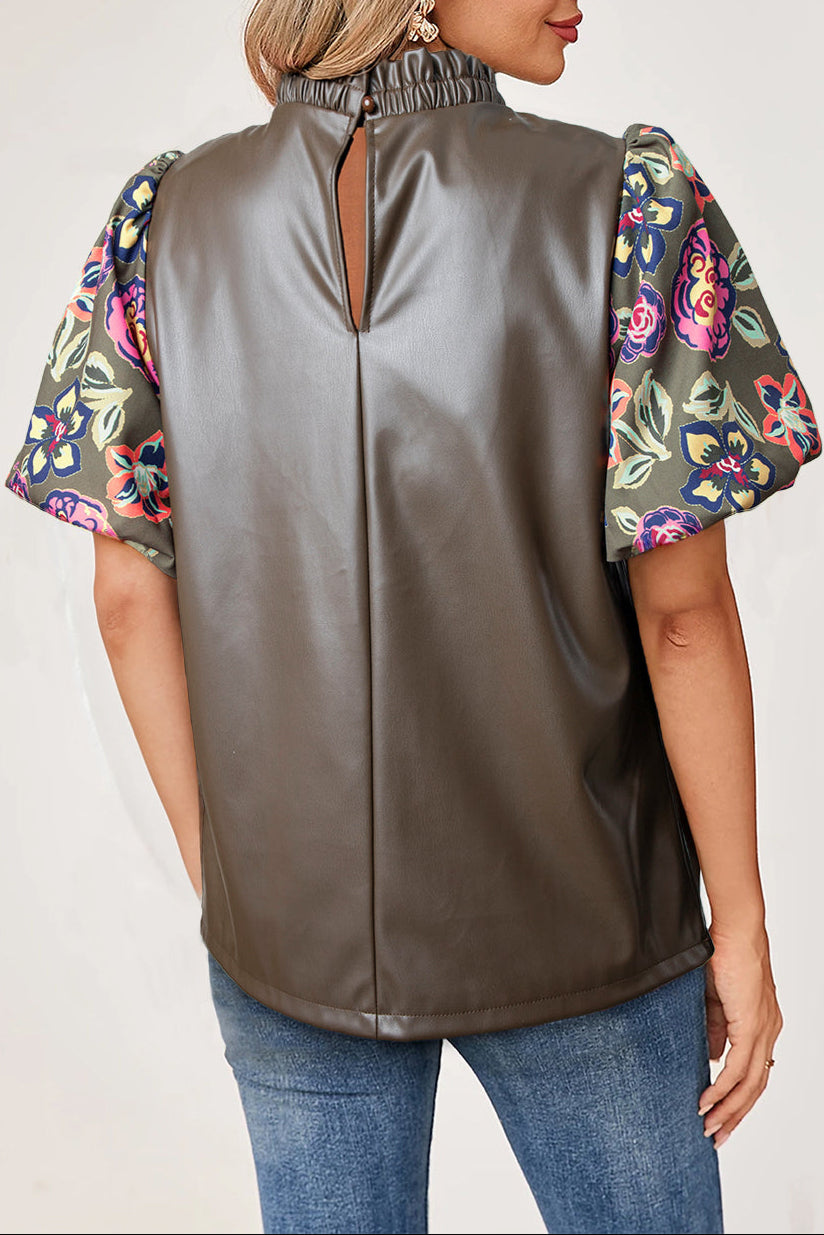 Floral Leatherette Bubble Sleeve Blouse