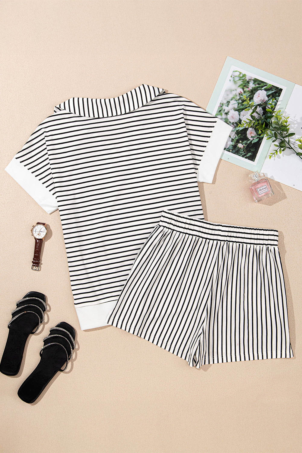 Stripe Collared V-Neck Tee & Shorts Set