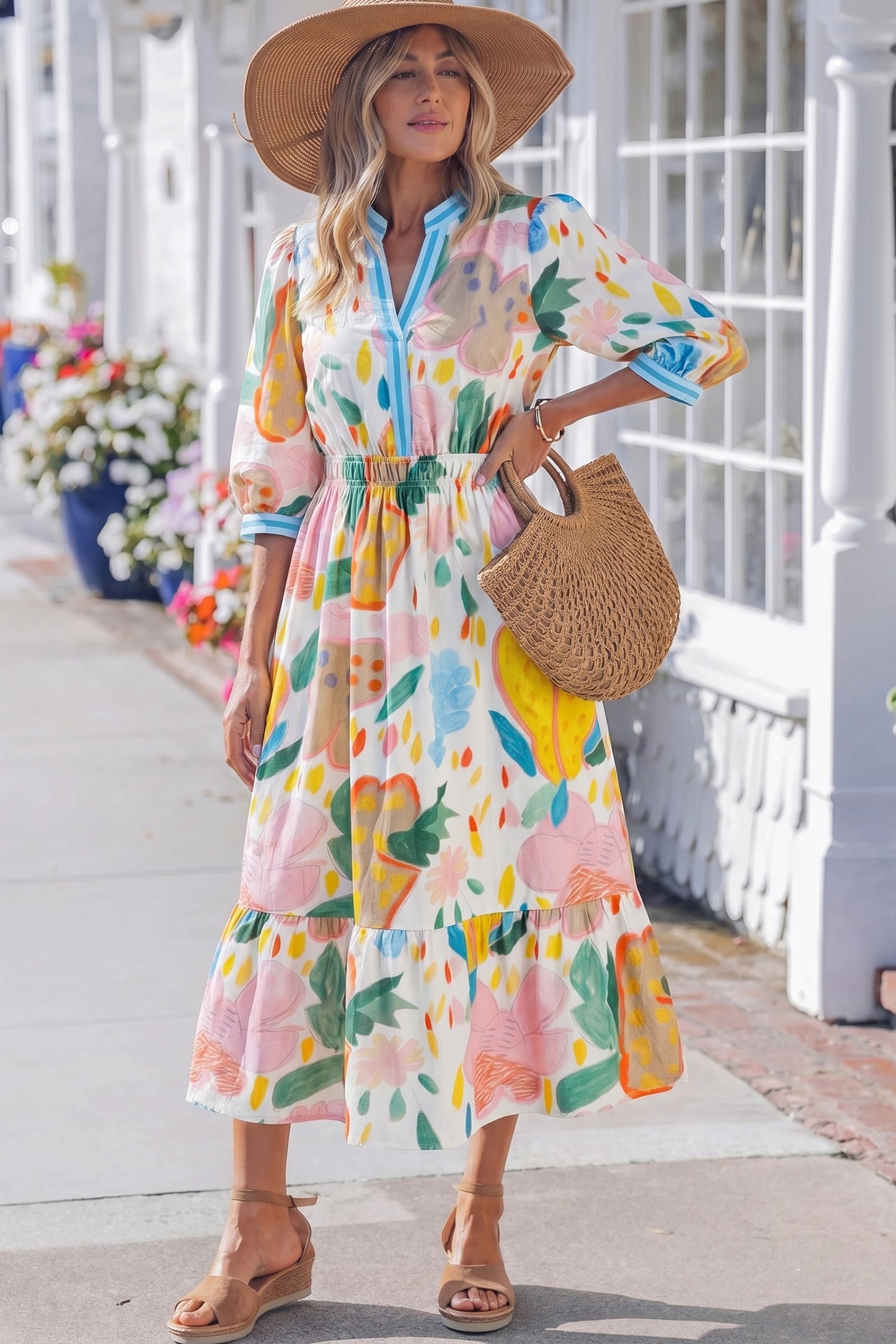 Floral Stripe Trim V-Neck Midi Dress