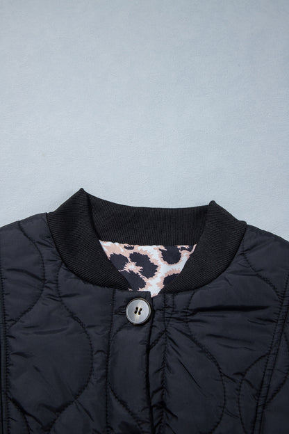 Leopard Cuff Quilted Button Down Puffer Jacket