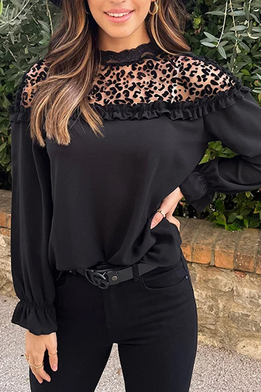 Leopard Mesh Ruffle Blouse