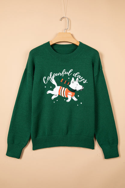 Christmas Dog Embroidered Round Neck Sweater