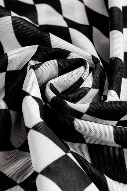 Checker Mesh Mock Neck Long Sleeve Top