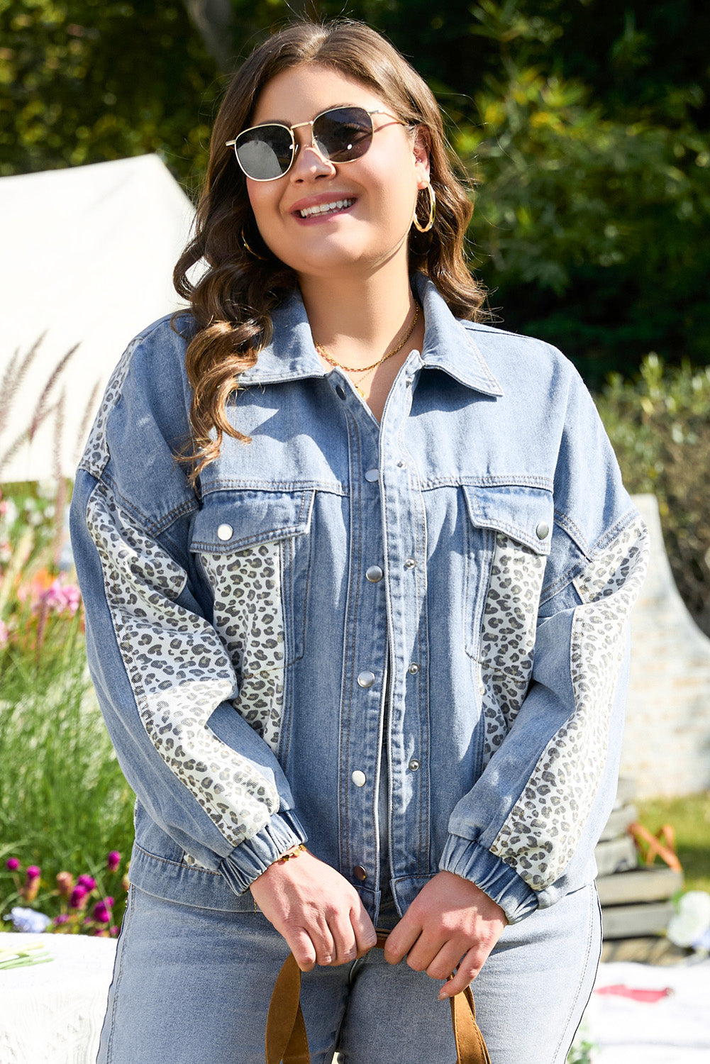 Plus Size Leopard Patchwork Denim Jacket