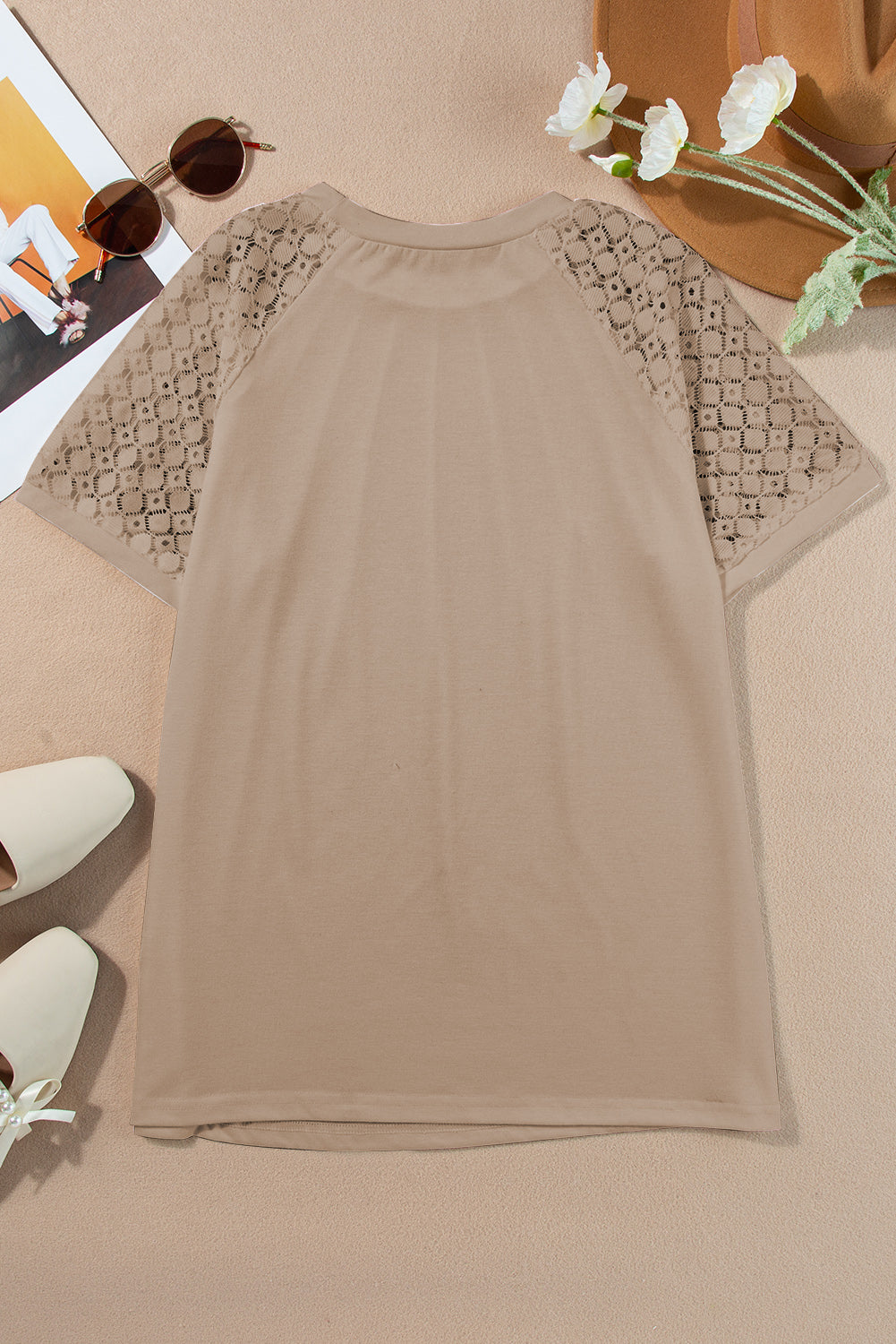 Lace Raglan Sleeve Pleated Tee