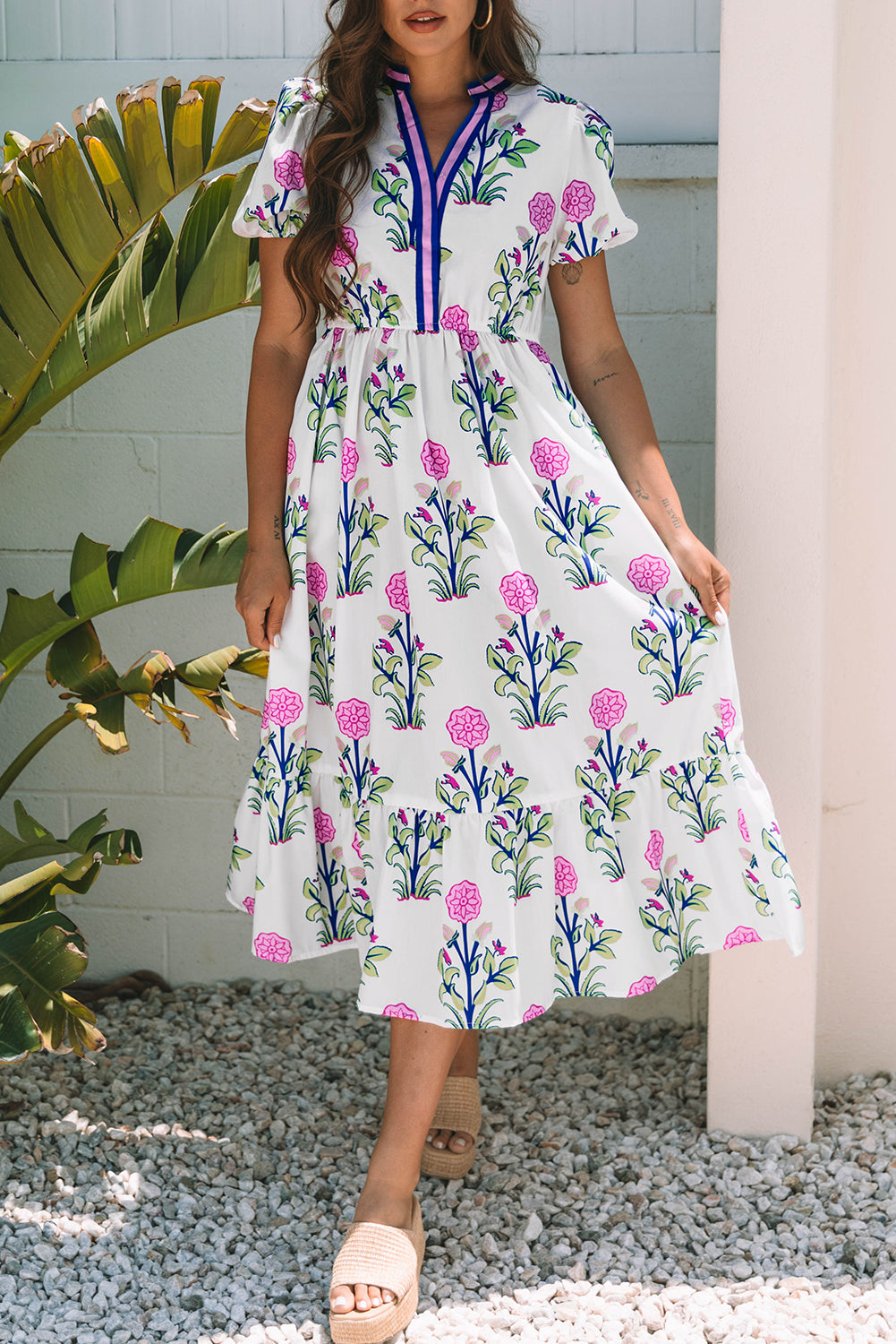 Floral Puff Sleeve V-Neck Maxi Dress
