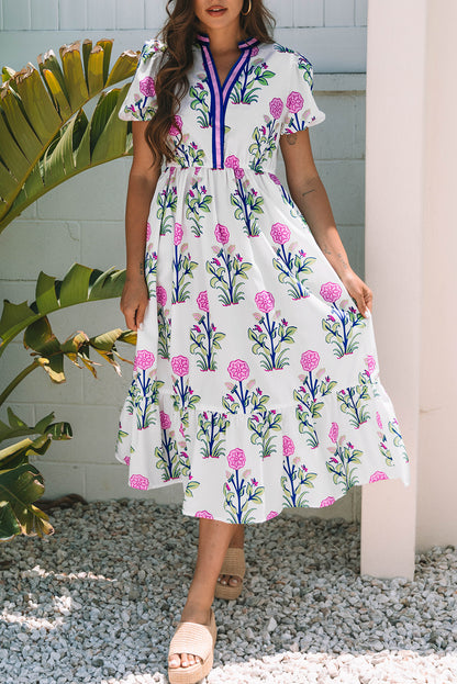 Floral Puff Sleeve V-Neck Maxi Dress