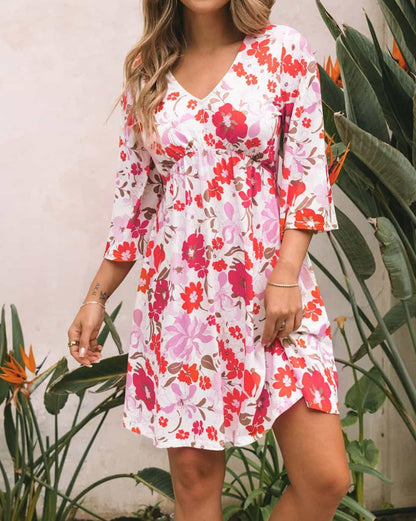 Floral 3/4 Bell Sleeve Dress