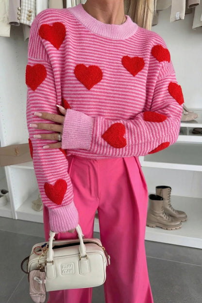 Valentine Heart Stripe Drop Shoulder Sweater