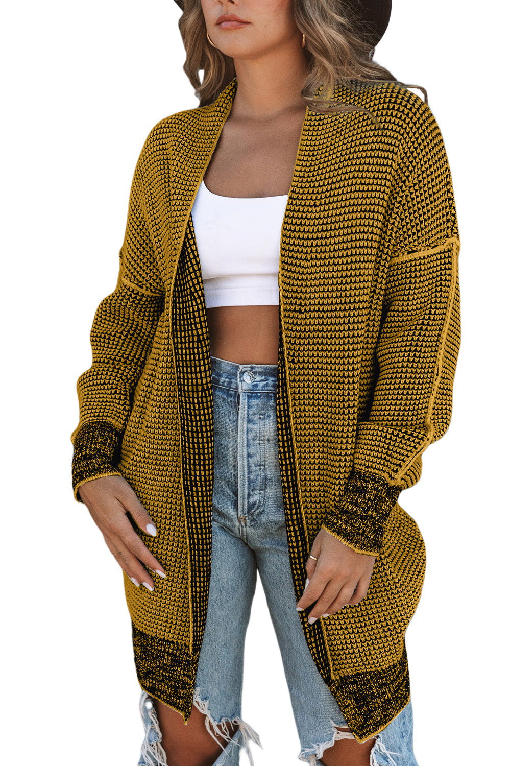 Plaid Knit Open Front Cardigan