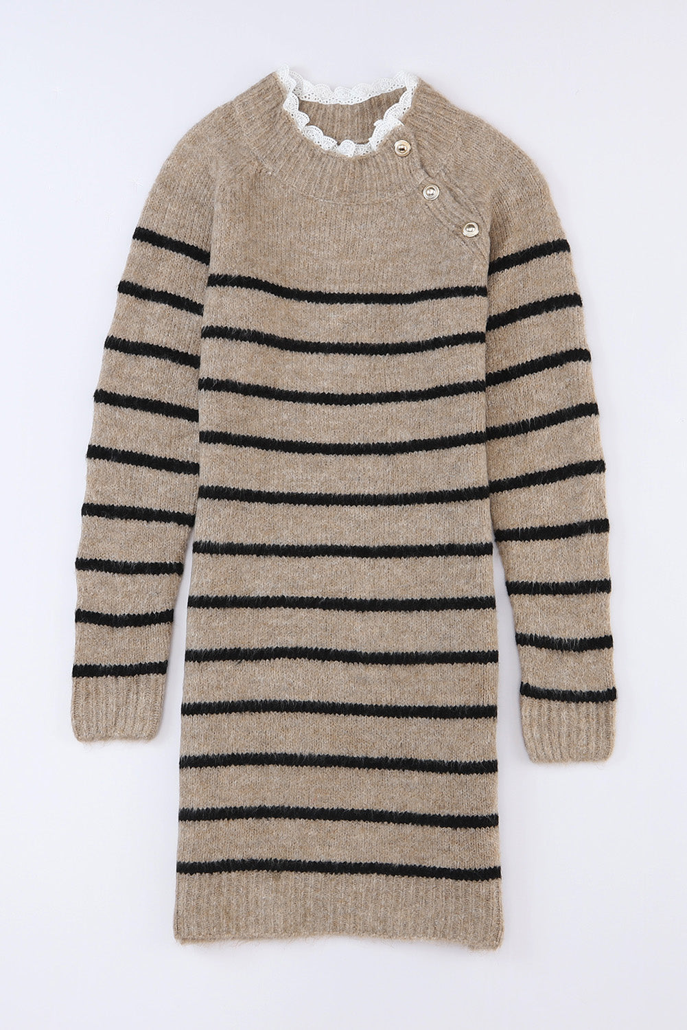 Striped Lace Trim Button Sweater Dress