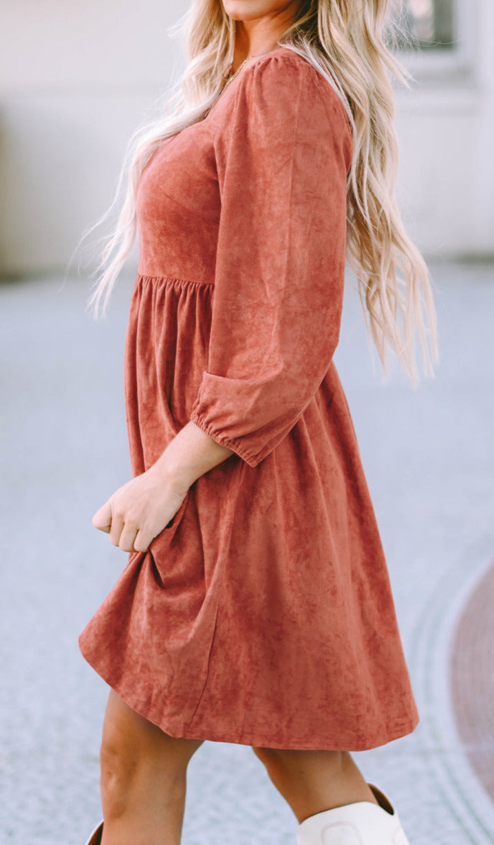 Suede Shirred Puff Sleeve Dress