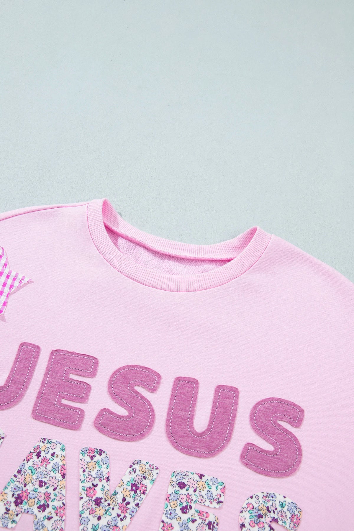 Plus Size JESUS SAVES Floral Gingham Star Patchwork Sweatshirt