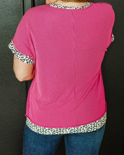 Leopard Trim Corded Top Plus Size