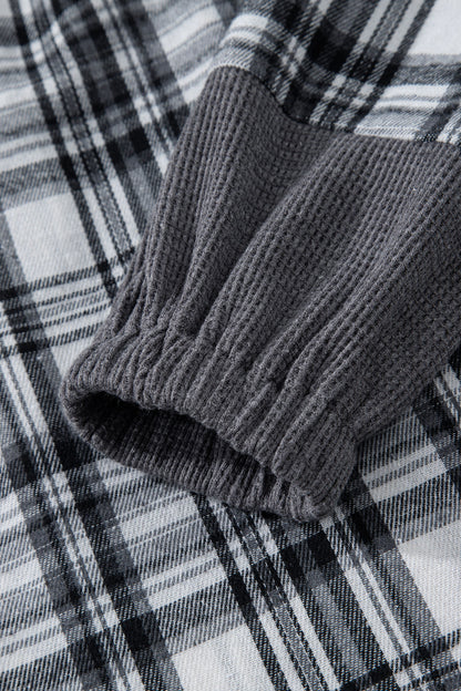 Plaid Quarter-Button Patchwork Long Sleeve Hooded Blouse