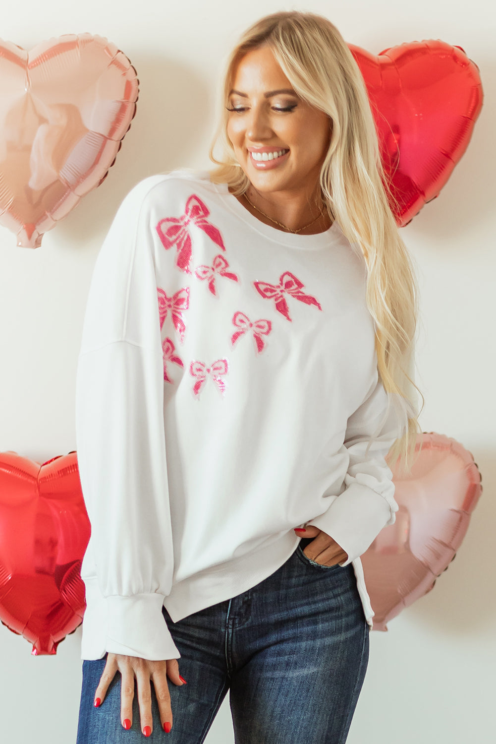 Valentine Bow Sequin Long Sleeve Oversize Sweatshirt