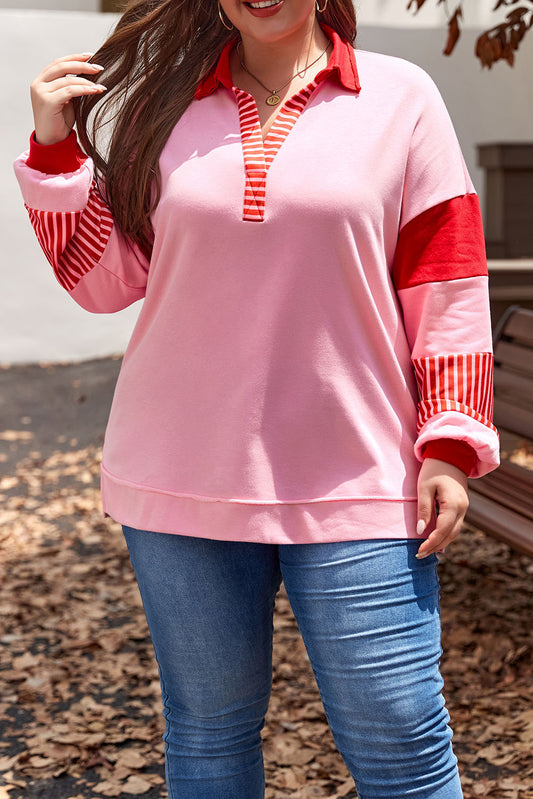 Stripe Collared V-Neck Sweatshirt Plus Size