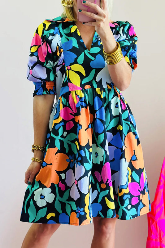 Floral Puff Sleeve Collared Dress