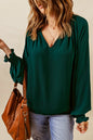 Pleated Puff Sleeve V-Neck Blouse