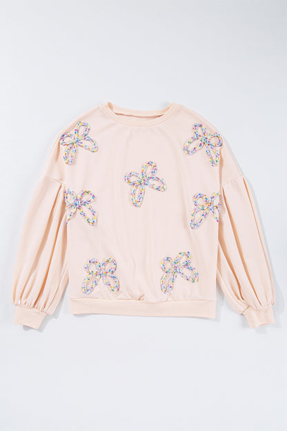 Valentine Bow Embroidered Lantern Sleeve Sweatshirt