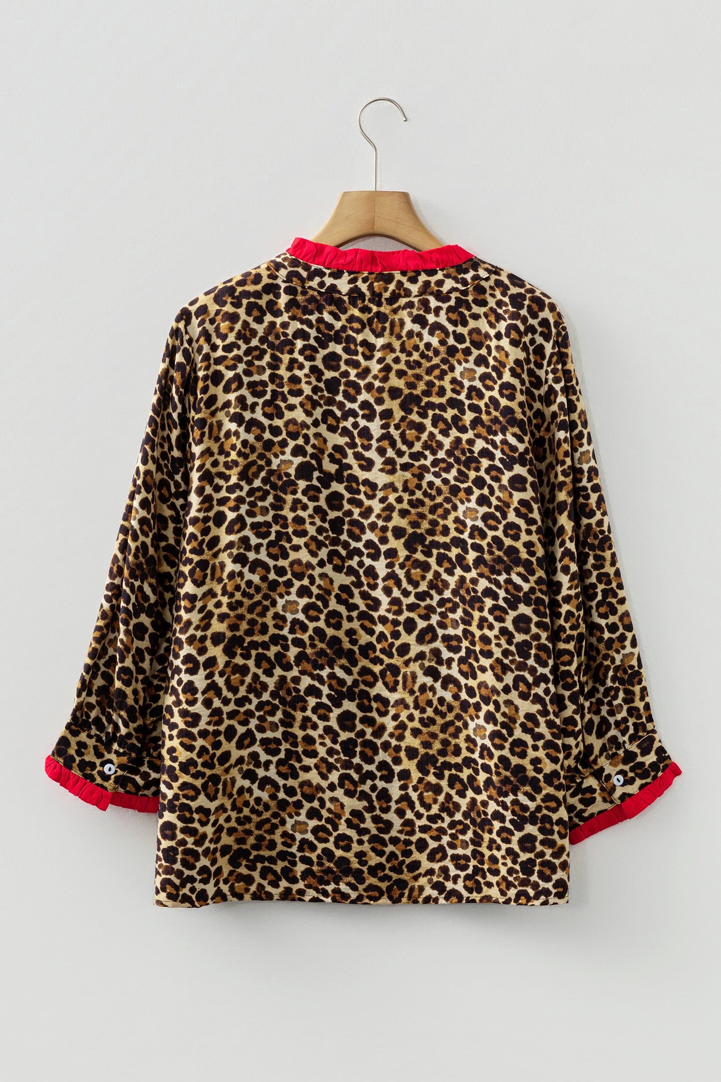 Leopard Contrast Ruffle Trim Buttoned V-Neck Shirt