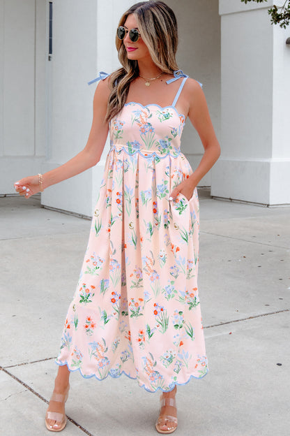 Floral Contrast Trim Tie Strap Midi Dress