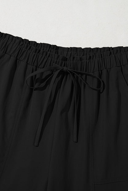 Solid Drawstring Elastic Waist Wide Leg Pants