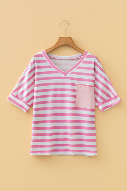 Stripe V-Neck Patch Pocket T-Shirt