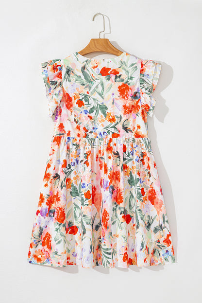 Floral Double Ruffle Sleeve V-Neck Mini Dress