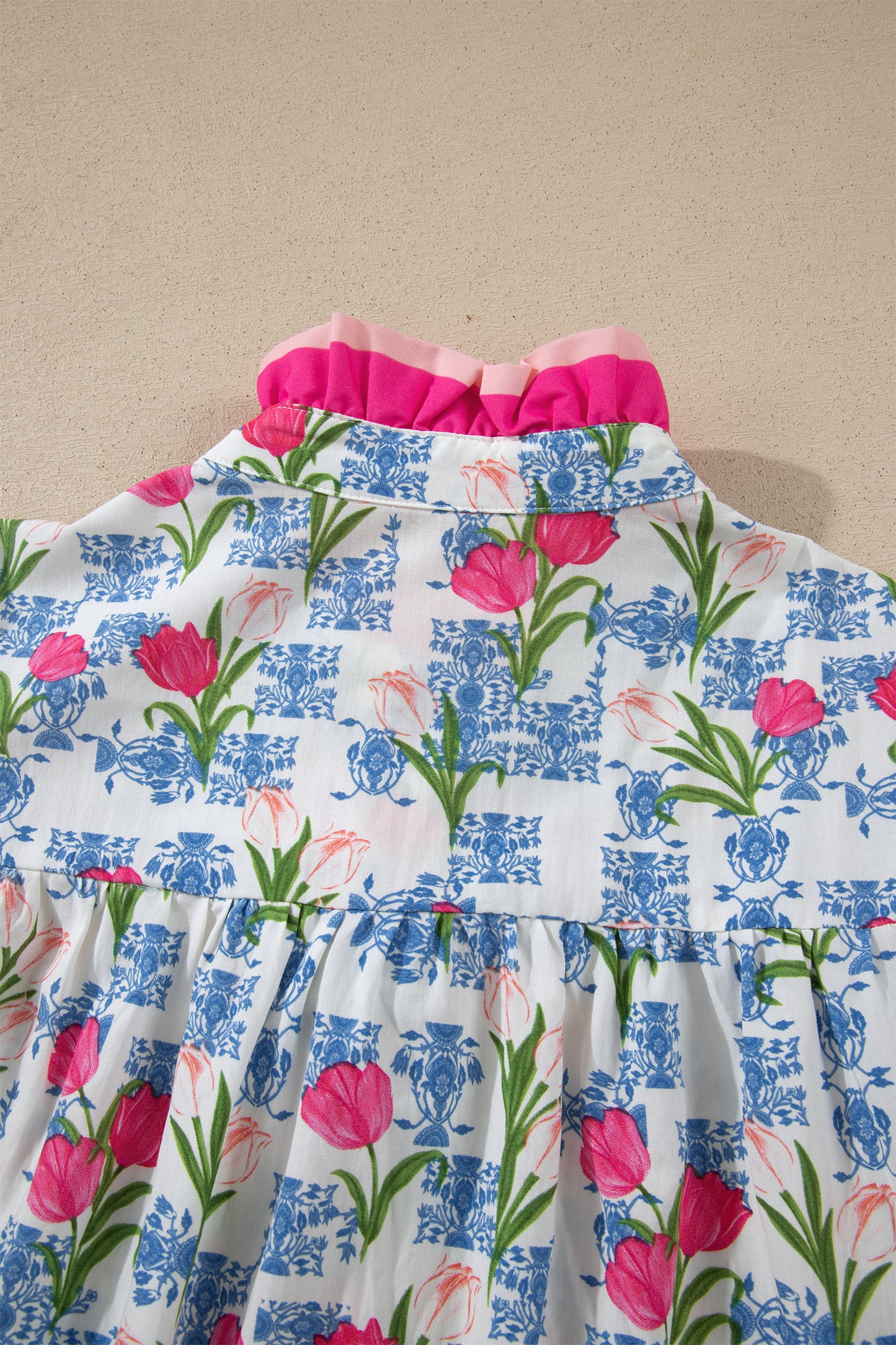 Floral Colorblock Flutter Sleeve Half Button Blouse