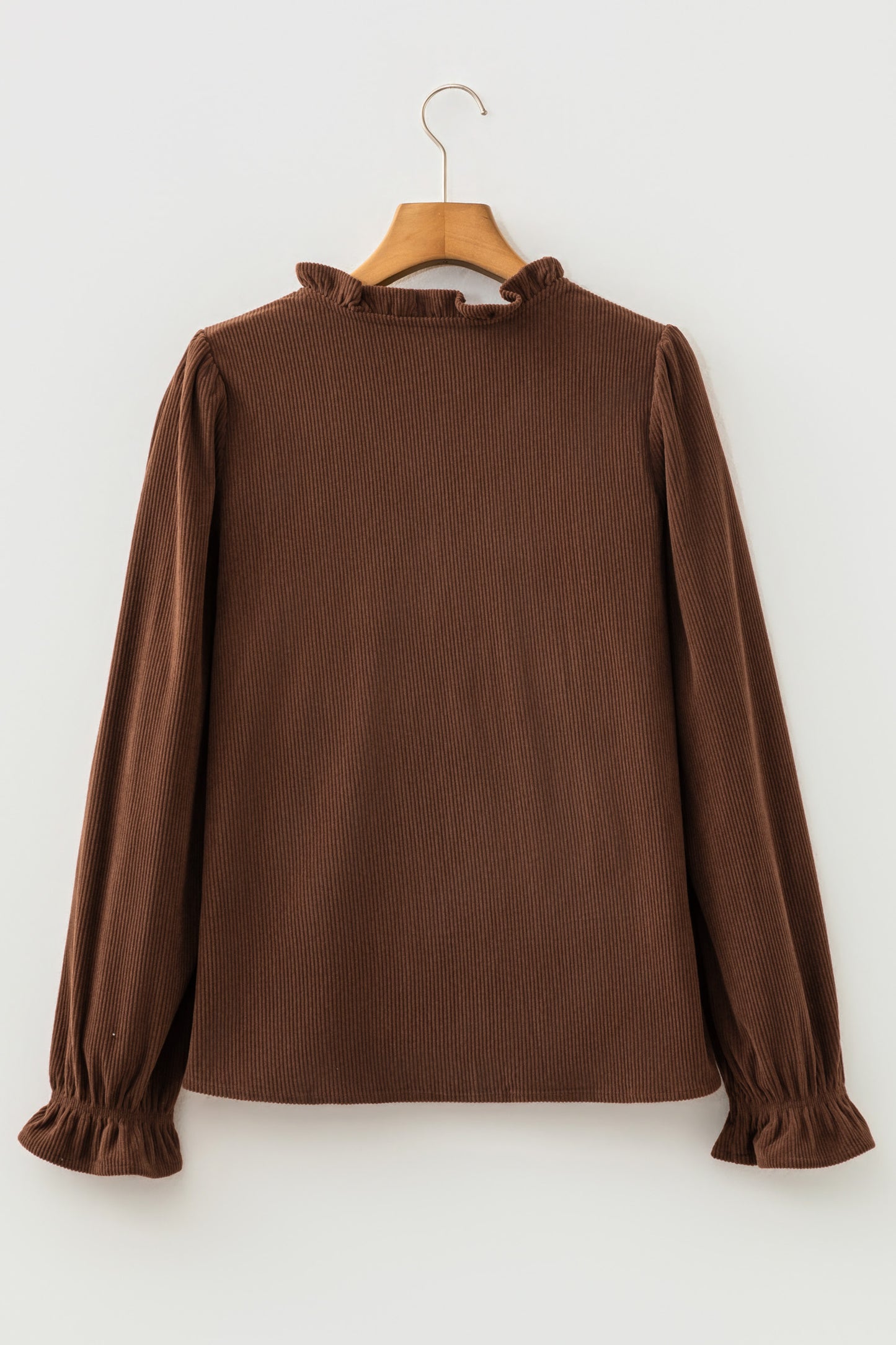 Solid Ruffle Trim V-Neck Long Sleeve Corduroy Shacket