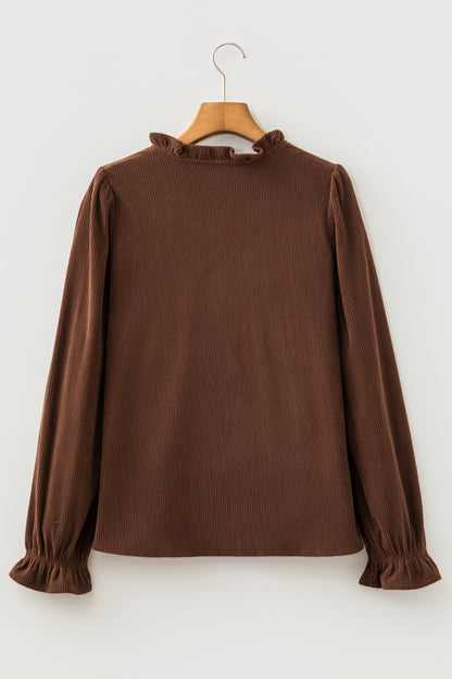 Solid Ruffle Trim V-Neck Long Sleeve Corduroy Shacket