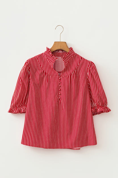 Stripe Ruffle Puff Sleeve Button Front Blouse