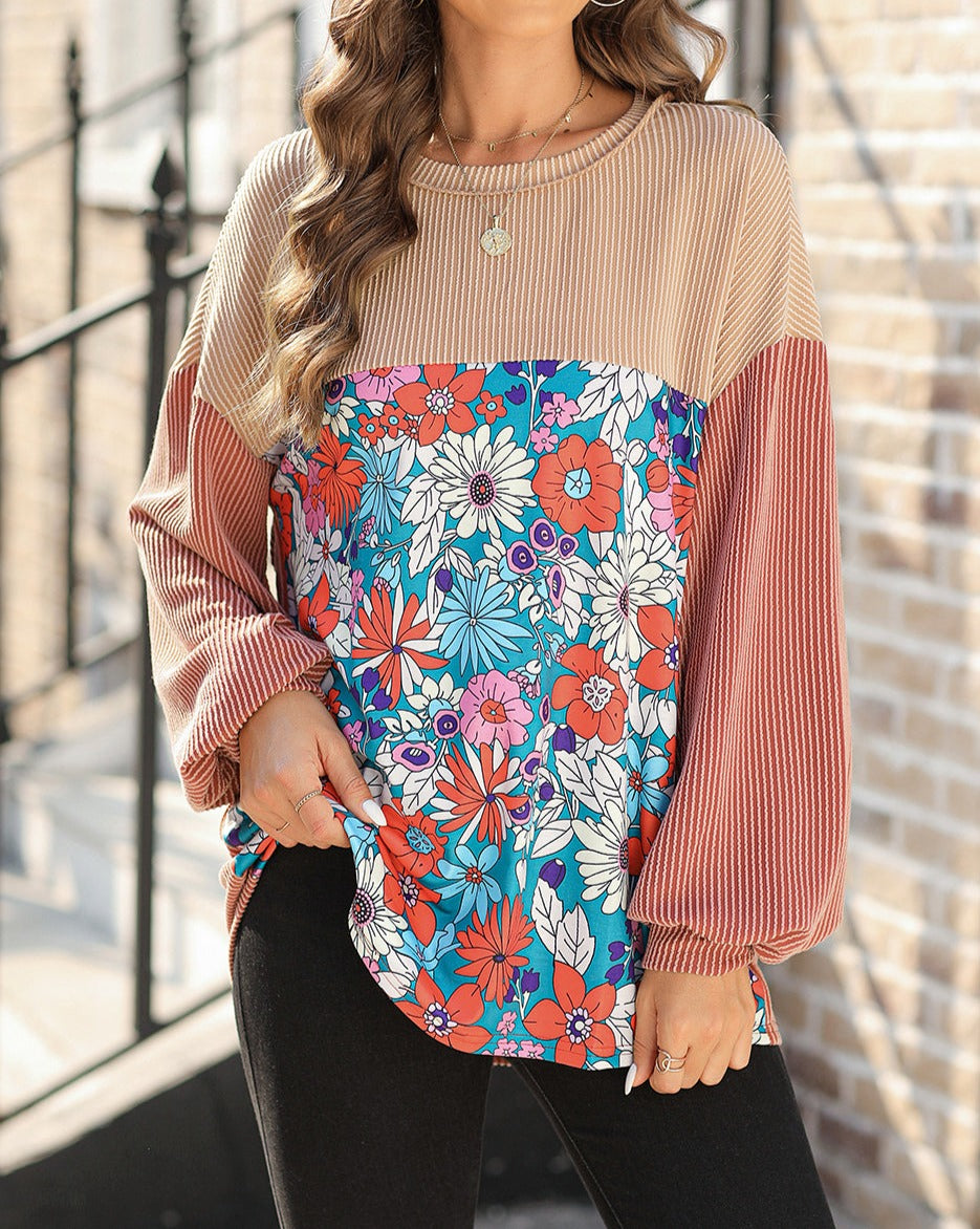 Floral Colorblock Ribbed Top