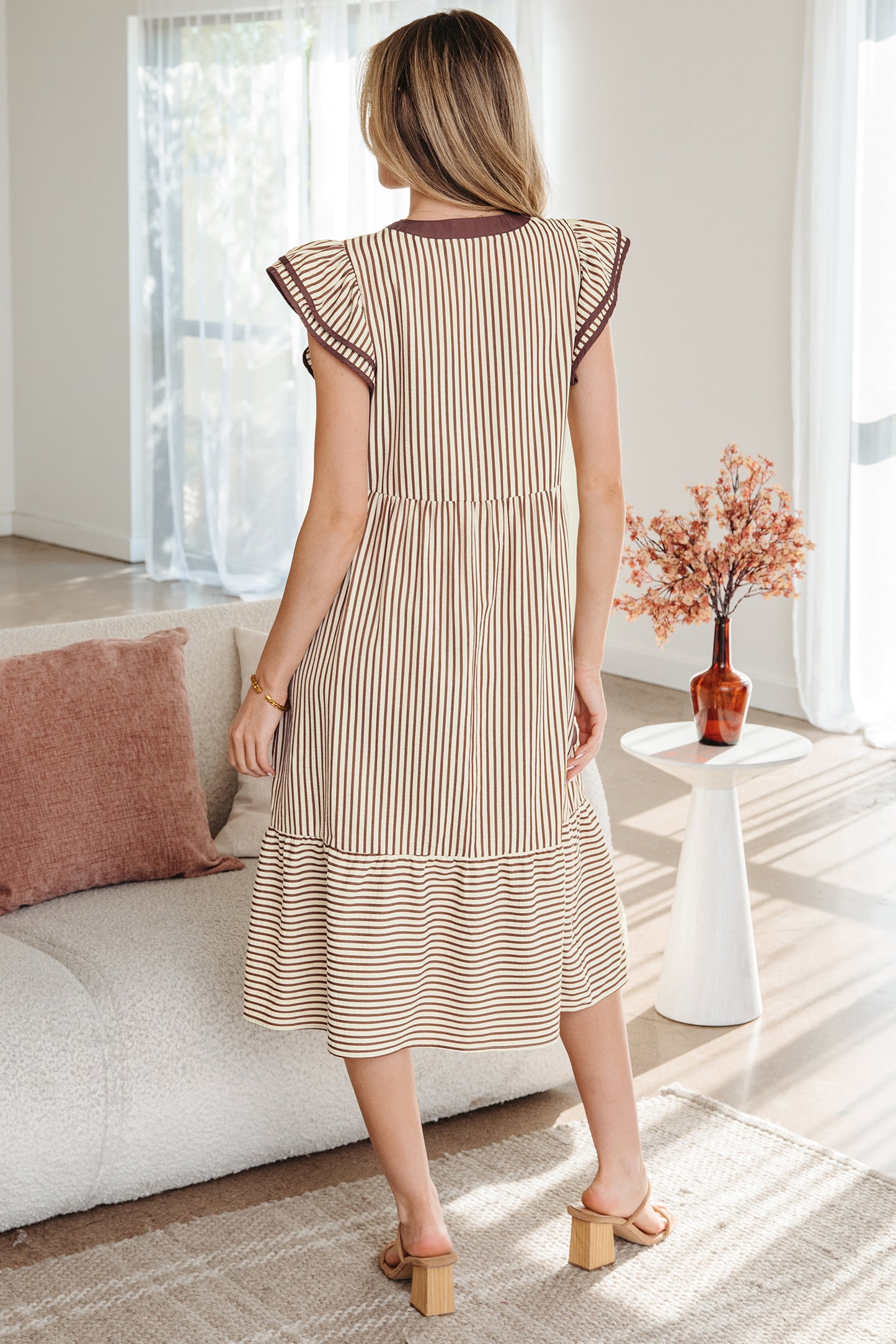 Stripe Ruffle Short Sleeve V-Neck Midi Dress