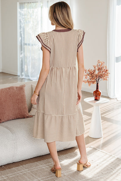 Stripe Ruffle Short Sleeve V-Neck Midi Dress