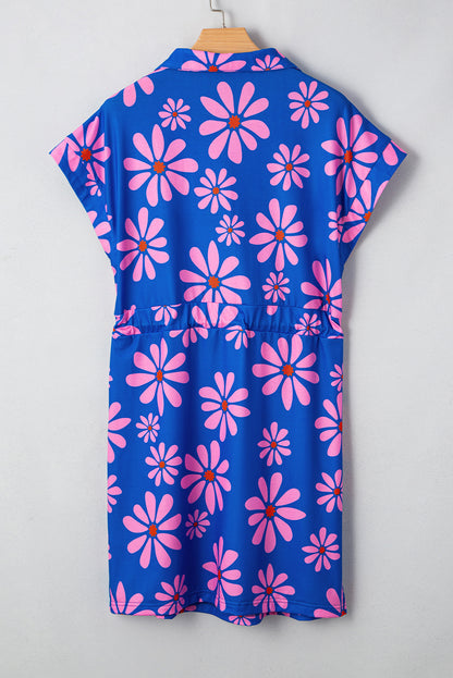 Floral Stripe Quarter-Zip Cap Sleeve Mini Dress