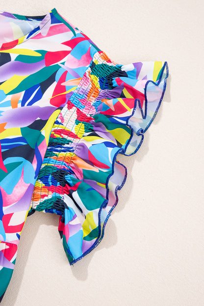 Plus Size Geometric Ruffle Sleeve Maxi Dress