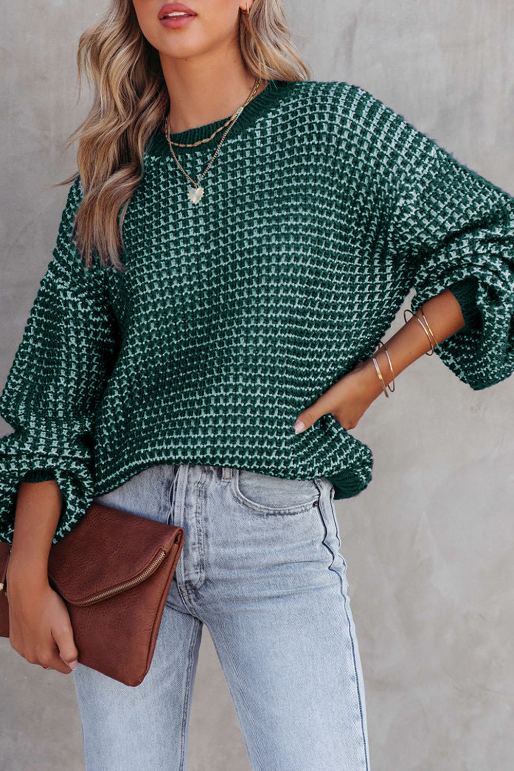 Checker Puff Sleeve Sweater