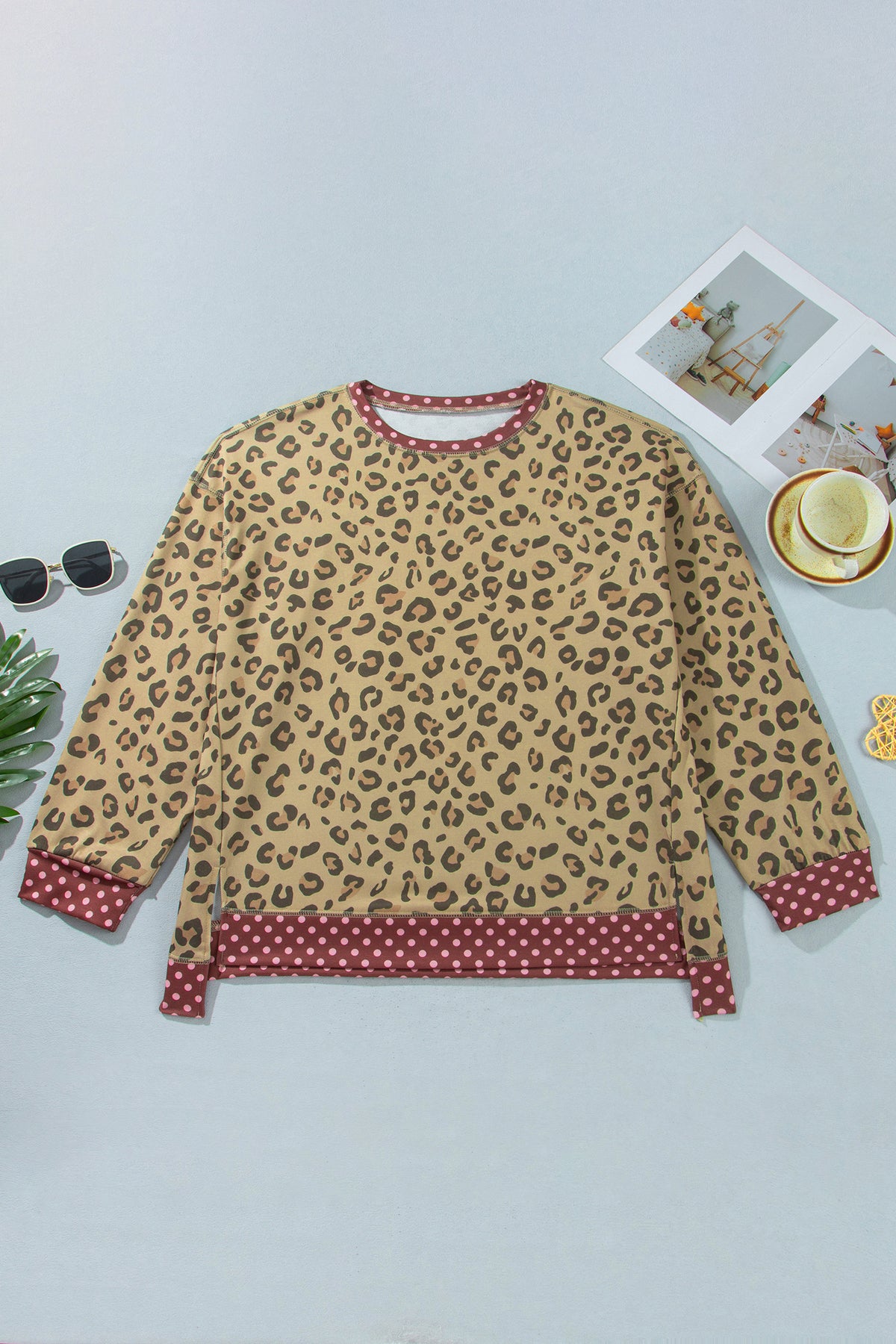 Plus Size Leopard Polka Dot Trim Long Sleeve Top