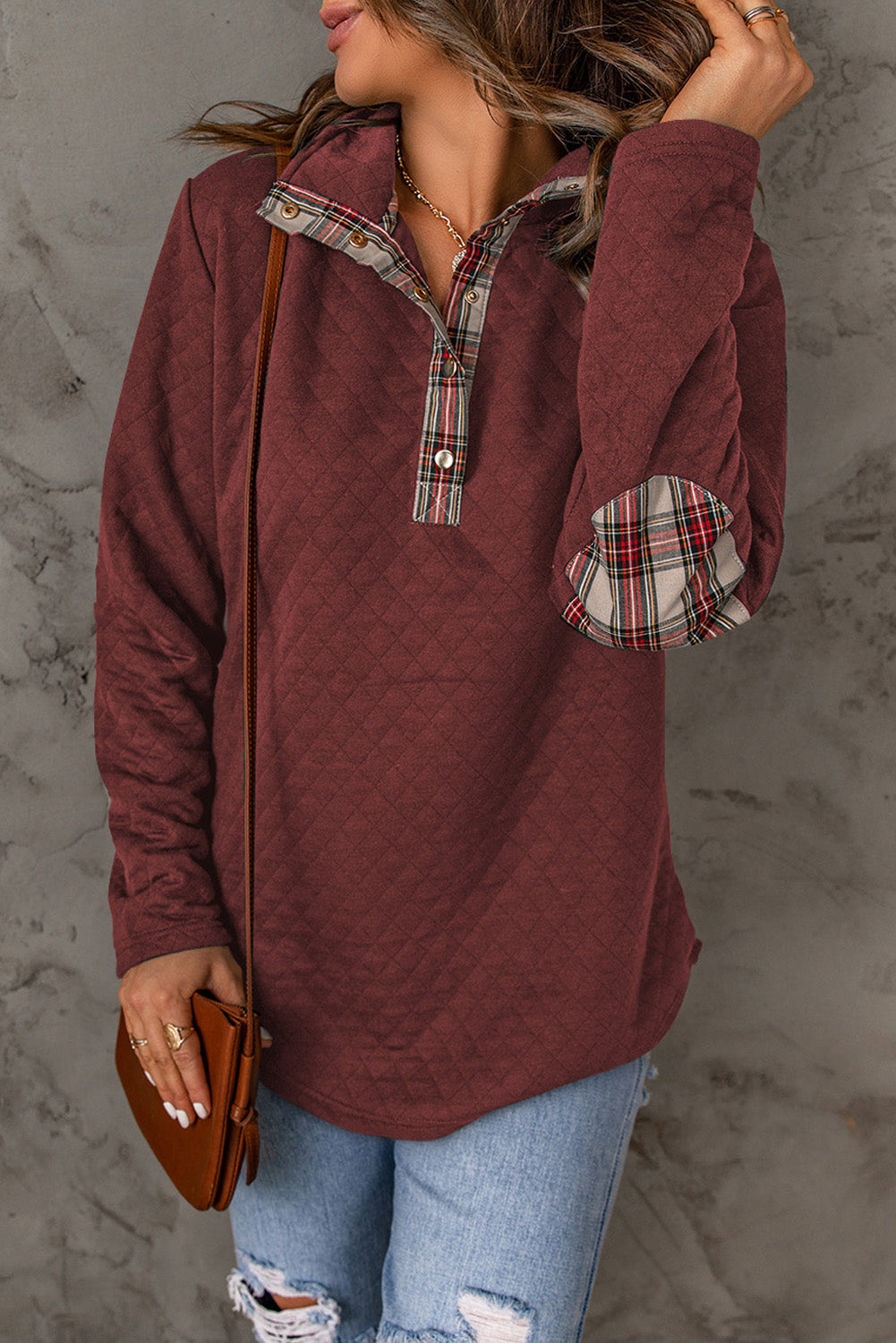 Plaid Elbow Patch Textured Sweatshirt