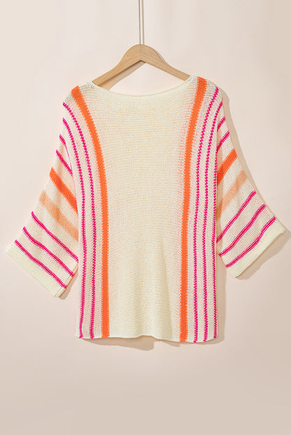 Stripe Detail Wide 3/4 Sleeve Knit Top
