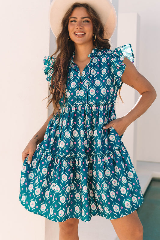 Floral Split Neck Ruffle Short Sleeve Dress